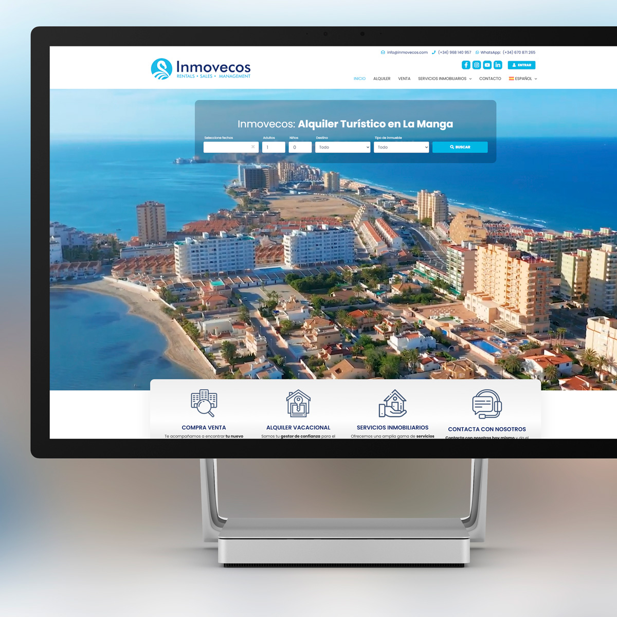Website de Inmovecos, agencia de alquiler vacacional, con el motor de reservas de Net2Rent, actualmente online en https://www.inmovecos.es/