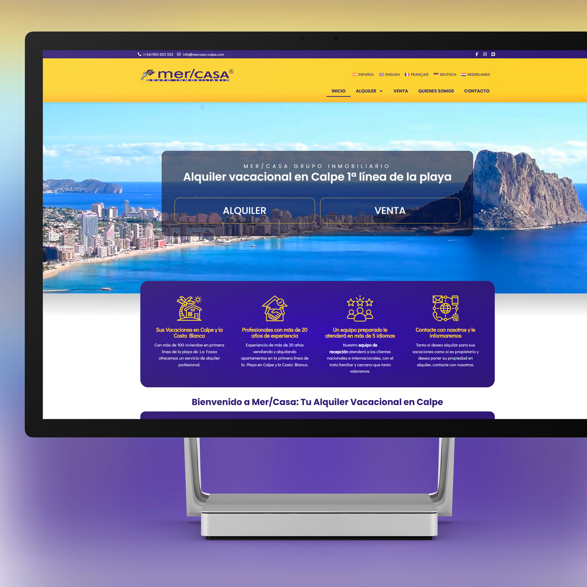 Website de la agencia de alquiler vacacional mer/CASA Grupo inmobiliario, con la integración del motor de reservas de Net2Rent. Actualmente online en https://www.mercasa-calpe.com/