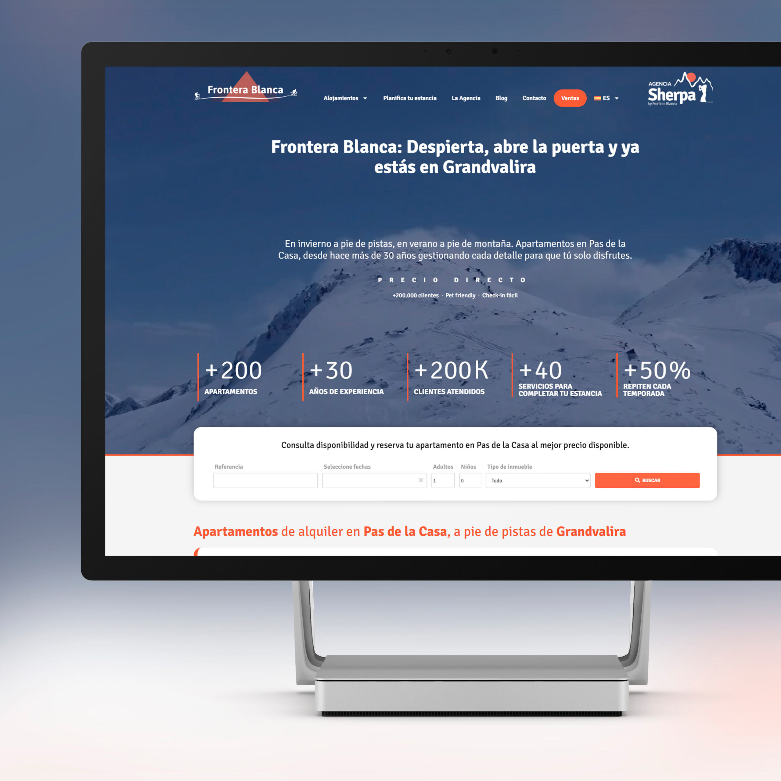 Website de la agencia Frontera Blanca, alojamientos de alquiler en Pas de la Casa, Androrra, con la integración del motor de reservas de Net2Rent. Actualmente en activo en www.fronterablanca.com